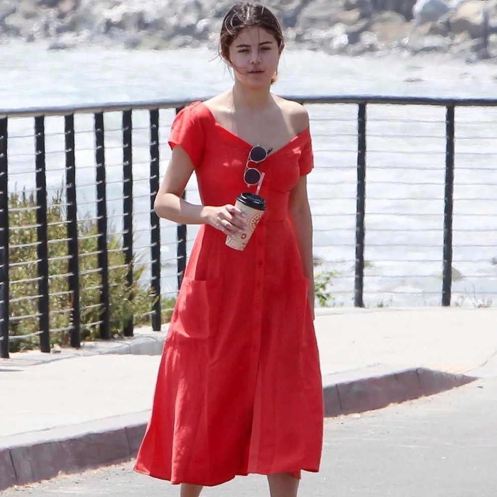 Reformation Red Off-Shoulder Mariposa Midi Dress size 4